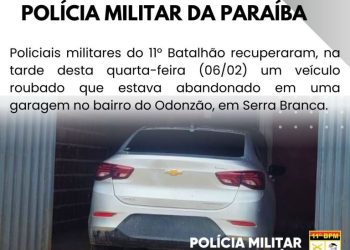 POLÍCIA MILITAR RECUPERA EM SERRA BRANCA VEÍCULO ROUBADO NO MUNICÍPIO DE AREIAL