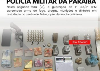 POLÍCIA MILITAR APREENDE ARMA DE FOGO, DROGAS E MUNIÇÕES DURANTE PATRULHAMENTO EM PATOS.