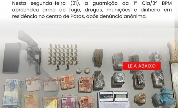 POLÍCIA MILITAR APREENDE ARMA DE FOGO, DROGAS E MUNIÇÕES DURANTE PATRULHAMENTO EM PATOS.