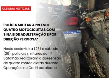 POLÍCIA MILITAR APREENDE QUATRO MOTOCICLETAS COM SINAIS DE ADULTERAÇÃO E POR DIREÇÃO PERIGOSA
