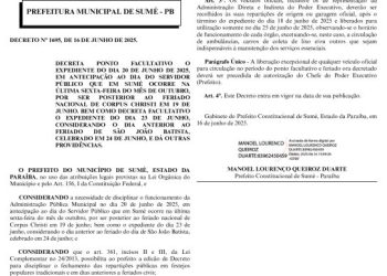 Prefeitura de Sumé decreta ponto facultativo nas suas repartições de 19 a 24 de junho