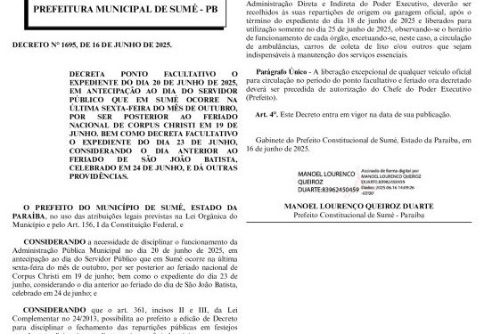 Prefeitura de Sumé decreta ponto facultativo nas suas repartições de 19 a 24 de junho