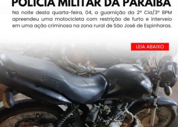 POLÍCIA MILITAR APREENDE MOTO FURTADA E FRUSTRA AÇÃO CRIMINOSA NA ZONA RURAL DE SÃO JOSÉ DE ESPINHARAS.