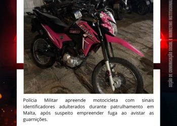 POLÍCIA MILITAR APREENDE MOTOCICLETA COM SINAIS IDENTIFICADORES ADULTERADOS, EM MALTA.