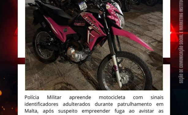 POLÍCIA MILITAR APREENDE MOTOCICLETA COM SINAIS IDENTIFICADORES ADULTERADOS, EM MALTA.