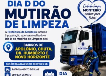 Prefeitura de Monteiro realiza esta semana o Dia D do Mutirão de Limpeza nos bairros de Apolônio, de Chuta, de Dr. Humberto e Novo Horizonte