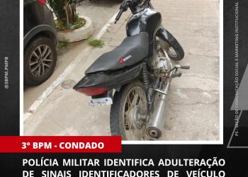POLÍCIA MILITAR APREENDE VEÍCULO COM SINAIS IDENTIFICADORES ADULTERADOS EM CONDADO-PB